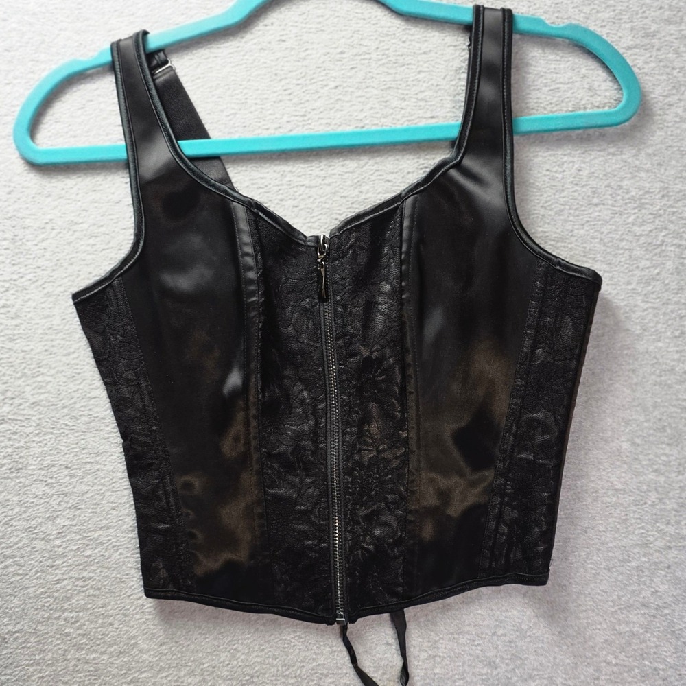 Faux Leather Corset Bustier Top Front Zip Womens XS Black Gothic Y2K Moto Edgy